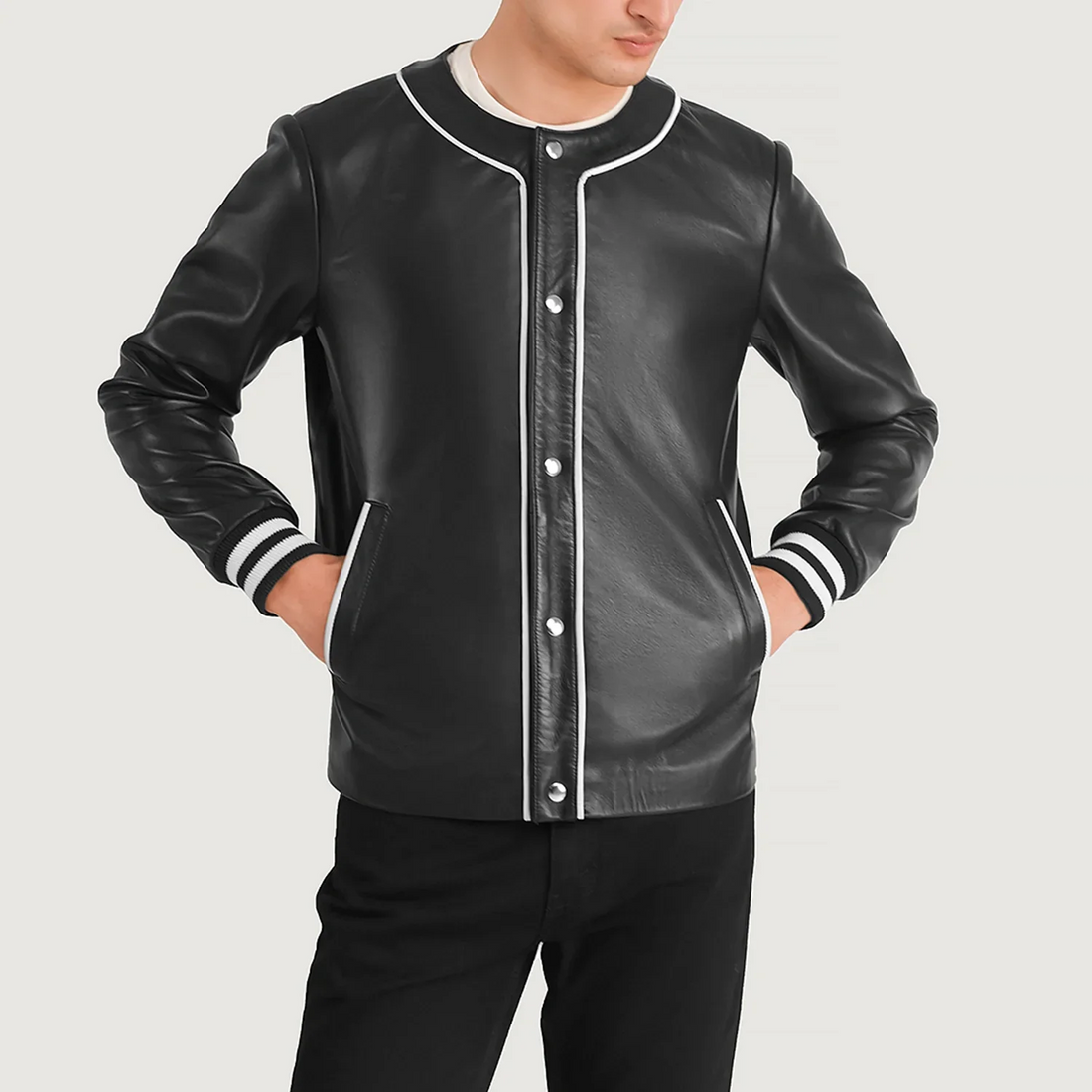 Men’s Black Leather Piped Varsity Jacket