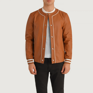 Men’s Willis Tan Brown Leather Varsity Jacket – White Piped Snap-Front Baseball Style