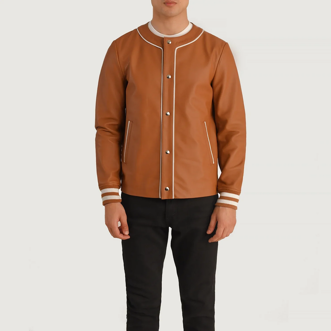 Men’s Willis Tan Brown Leather Varsity Jacket – White Piped Snap-Front Baseball Style