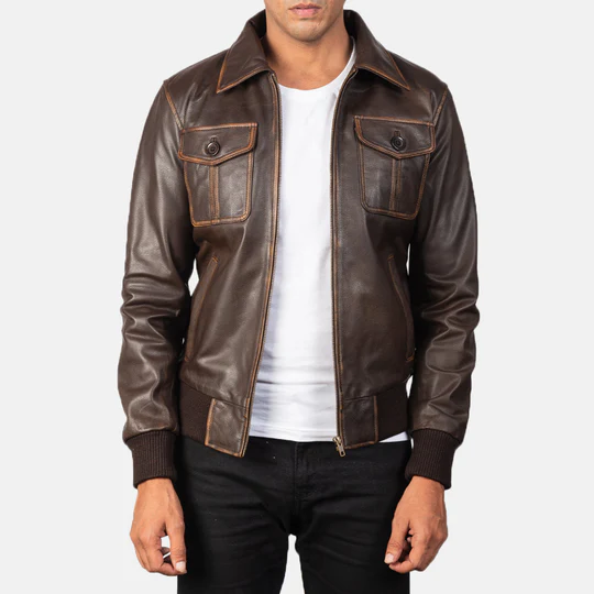 Aaron Brown Leather Bomber Jacket (Vintage Rub-Off Goatskin)