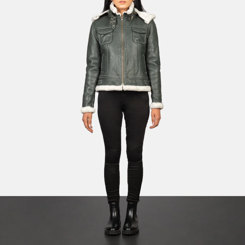Women’s Fiona Forest Green Hooded Shearling Leather Jacket – Winter Aviator Bomber with Faux Fur Trim
