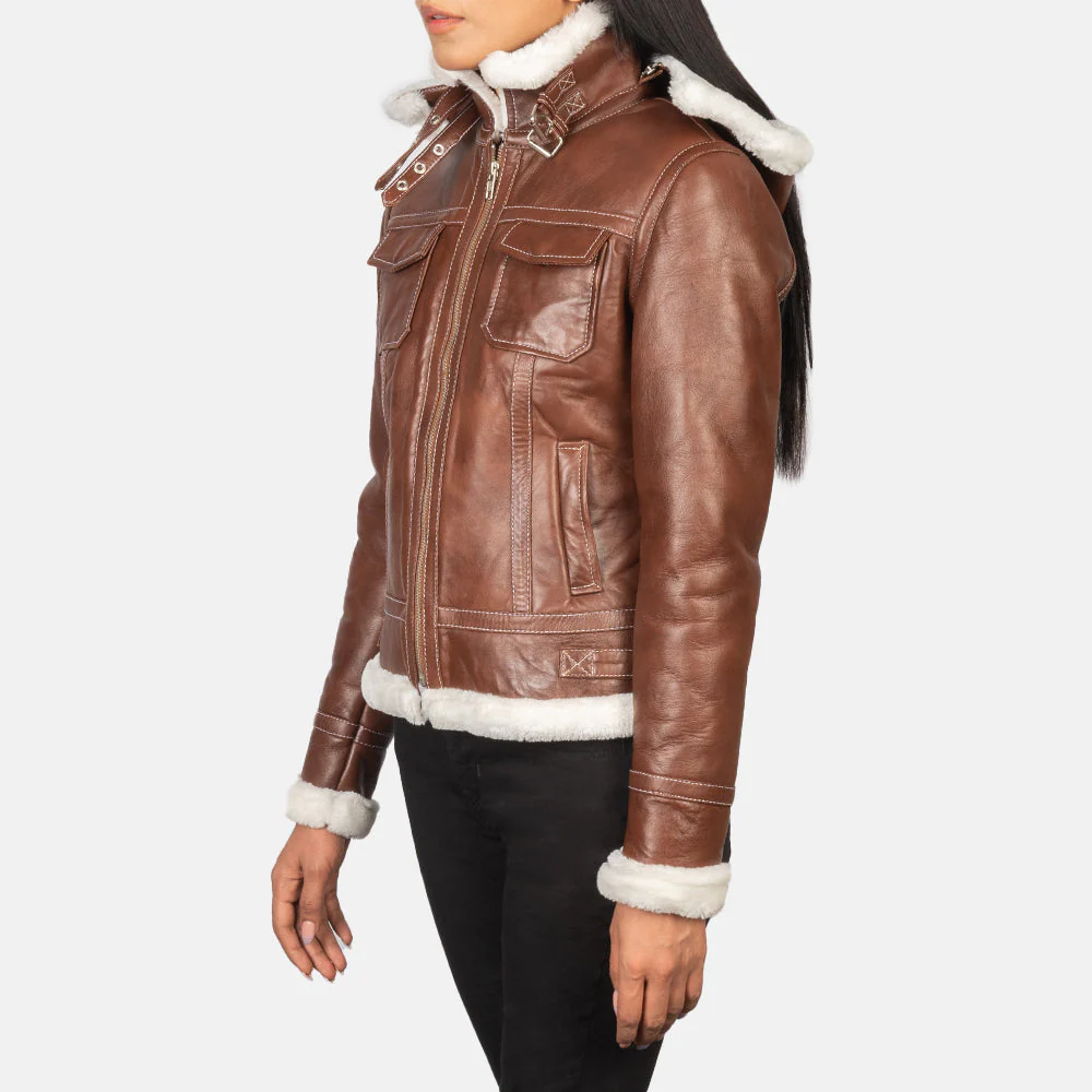 Women’s Hooded B-3 Shearling Leather Aviator Jacket – Distressed Brown Flight Bomber with White Faux Fur Lining, Zip Up Winter Coat