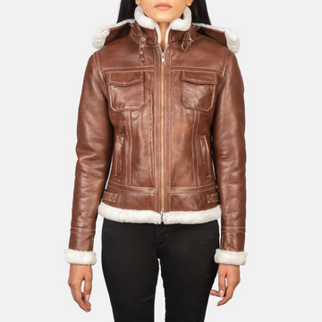Women’s Hooded B-3 Shearling Leather Aviator Jacket – Distressed Brown Flight Bomber with White Faux Fur Lining, Zip Up Winter Coat