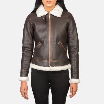 Women’s Brown B-3 Shearling Leather Bomber Jacket – White Faux Fur Lined Aviator Winter Coat, Zip Up Cropped Flight Jacket