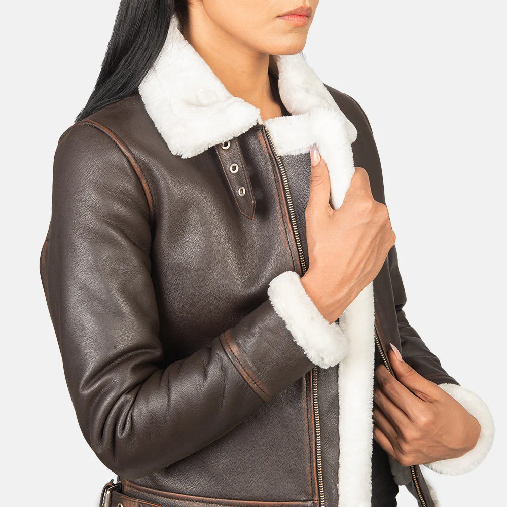 Women’s Brown B-3 Shearling Leather Bomber Jacket – White Faux Fur Lined Aviator Winter Coat, Zip Up Cropped Flight Jacket