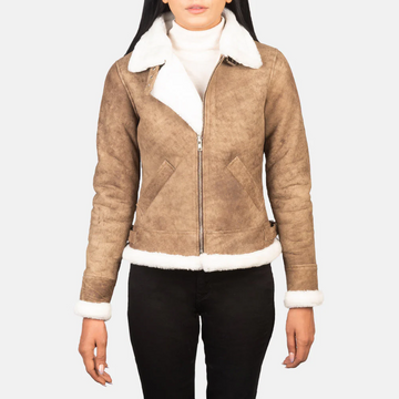 Women’s Distressed Brown B-3 Shearling Leather Bomber Jacket – White Faux Fur Lined Aviator Winter Coat, Zip Up Cropped Flight Jacket