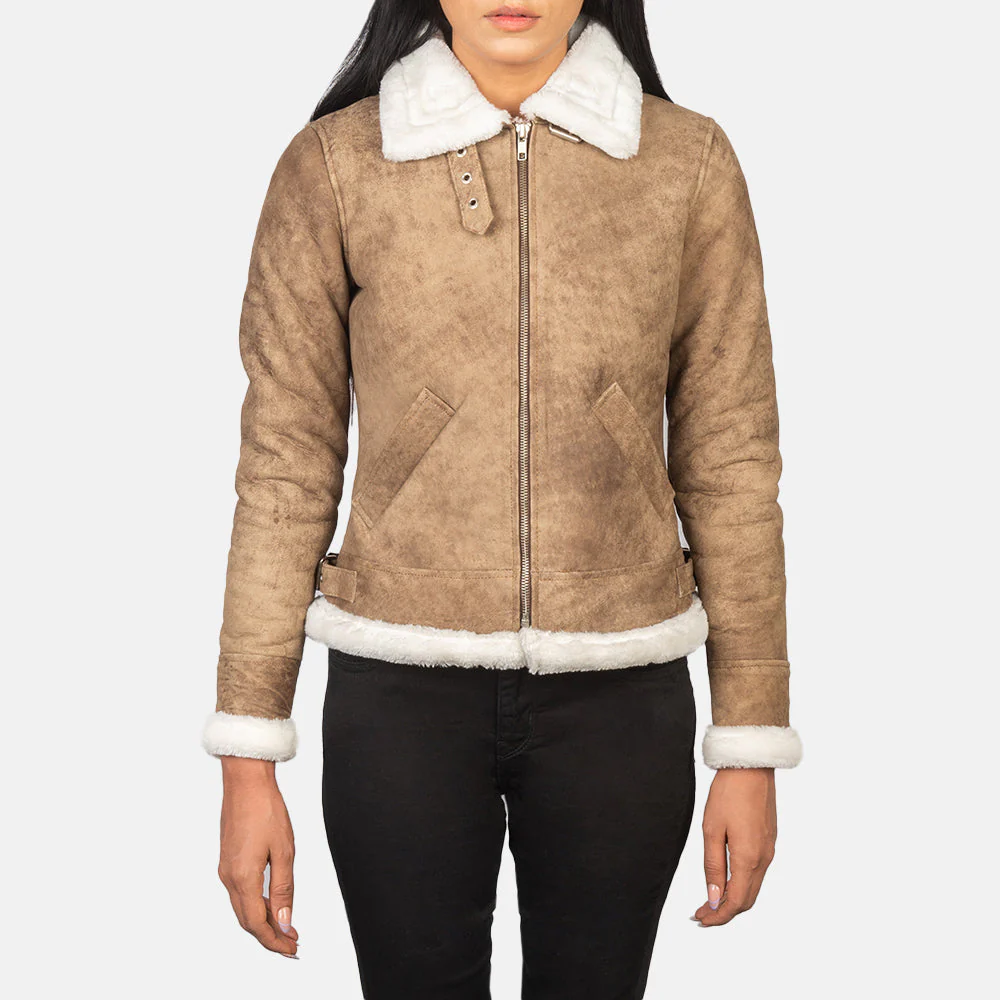 Women’s Distressed Brown B-3 Shearling Leather Bomber Jacket – White Faux Fur Lined Aviator Winter Coat, Zip Up Cropped Flight Jacket