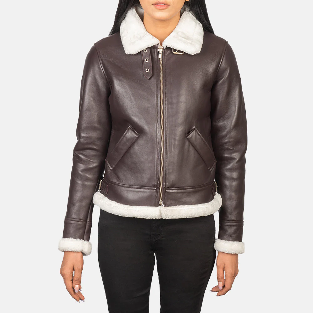 Women’s Maroon B-3 Shearling Leather Bomber Jacket – White Faux Fur Lined Aviator Winter Coat, Zip Up Cropped Flight Jacket