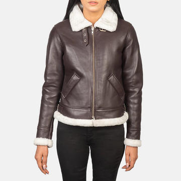 Women’s Maroon B-3 Shearling Leather Bomber Jacket – White Faux Fur Lined Aviator Winter Coat, Zip Up Cropped Flight Jacket