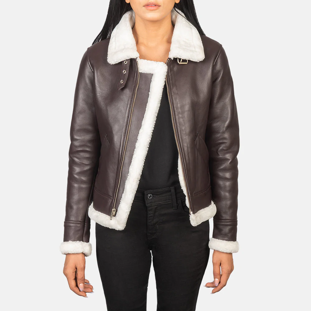 Women’s Maroon B-3 Shearling Leather Bomber Jacket – White Faux Fur Lined Aviator Winter Coat, Zip Up Cropped Flight Jacket