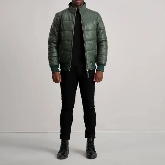 Men’s Lucas Green Leather Puffer Bomber Jacket